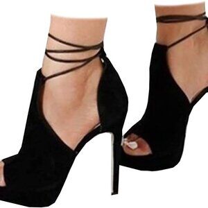 Womens Peep Toe Platform Heels Faux Leather Suede Strappy Stiletto Shoes